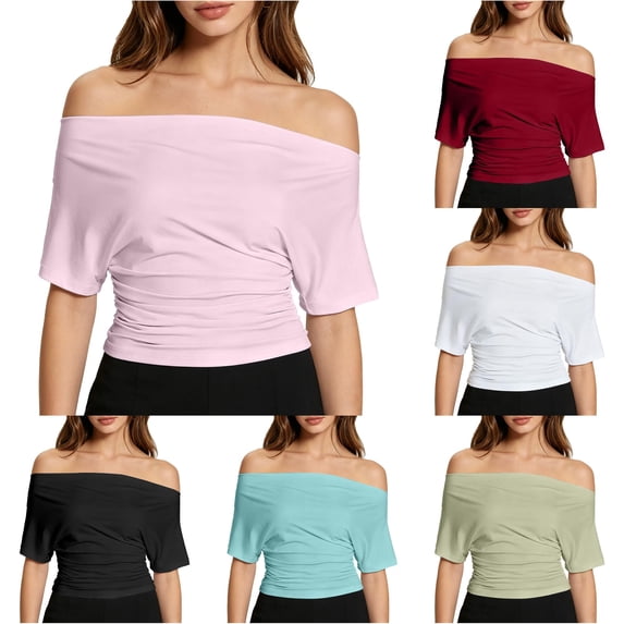 Rggeeun Women's T-Shirts Solid Color Off The Shoulder Square Neck Short Sleeve Loose Fit Soft Lightweight for Summer Outdoor Play Cool Tee,Pink,L
