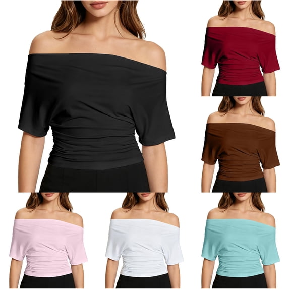 Rggeeun Women's T-Shirts Solid Color Off The Shoulder Square Neck Short Sleeve Loose Fit Soft Lightweight for Summer Outdoor Activities Fashion Tee,Black,L