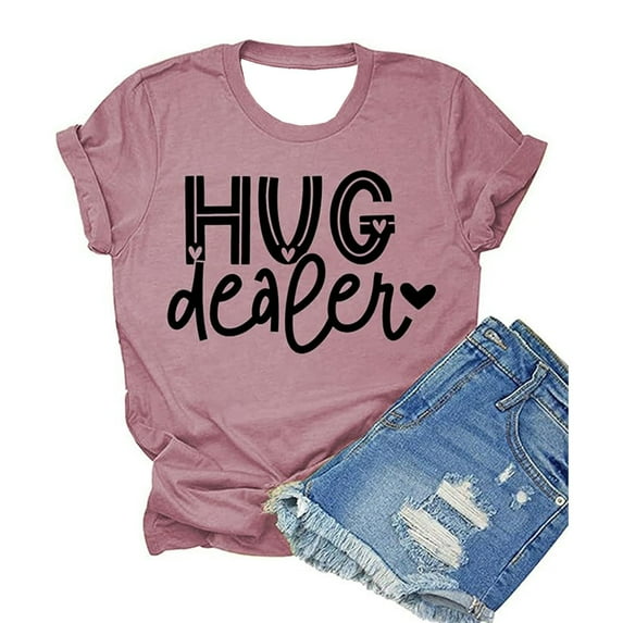 Rggeeun Women's Tee Short Sleeve O-Neck Solid Color And Letter Printing Loose Top Shirt Soft For Daily Wear,Pink,S