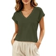 thumbnail image 1 of Rggeeun Women's Tshirts Solid Color V Neck Short Sleeve Loose Fit Soft Breathable for Summer Streetwear Graceful Shirts,Army Green,S, 1 of 4