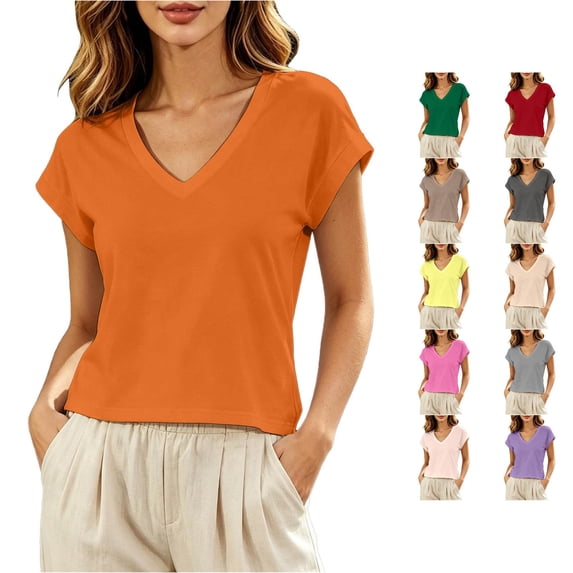 Rggeeun Women's Tshirts Solid Color V Neck Short Sleeve Loose Fit Soft Breathable for Summer Streetwear Simple Shirts,Orange,Xl