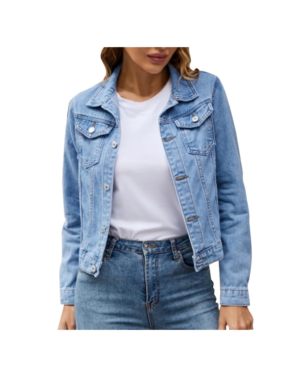 Womens Denim Jacket Solid Color Basic Button Down Denim With Pockets Jacket Trendy Coat Women Tops