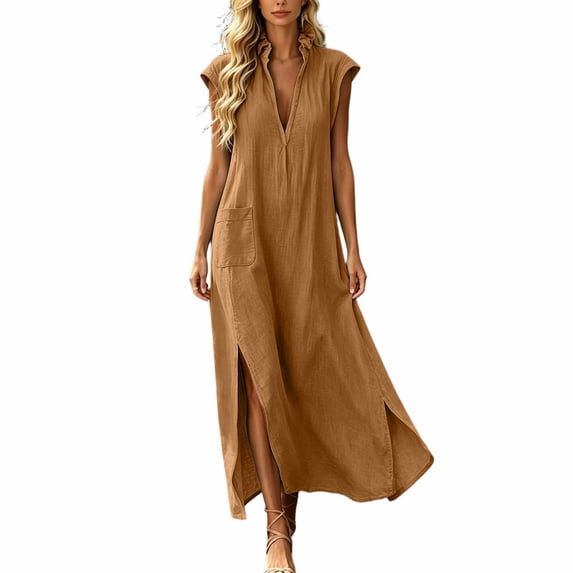 Rggeeun Womens Dress Solid Color Ankle-Length Short Sleeve Deep-V Neck Collar With Side Asymmetrical Slit Loose Fit A-Line Waist Draping Elastic Soft For Summer Party Night Kawaii Wear,Khaki,Xxxl