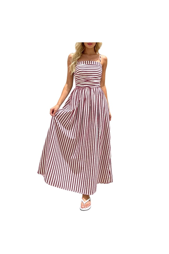 Womens Dress Solid Color Black And White Alternating Stripes Pattern Ankle-Length Halter Thin Straps Sleeveless Square Neck A-Line Loose Fit For Summer Streetwear Playwear,Red,M