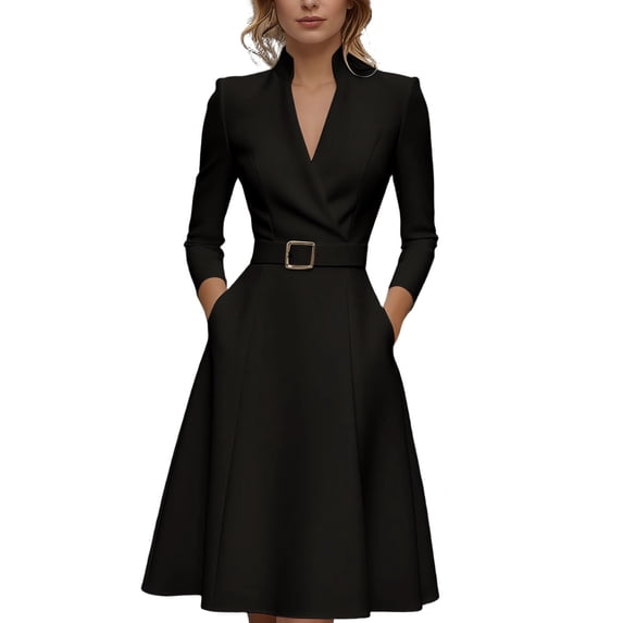Rggeeun Womens Dress Solid Color Elegant Ankle-Length V-Neck Long Sleeve Loose Fit Soft Fabric With Waist Shirring Design & Sashes Belt For Summer Work Office Casual Wear,Black,L