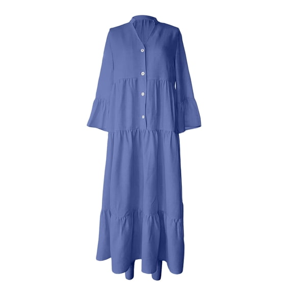 Rggeeun Womens Dress Solid Color Loose Fit Ankle-Length Long Sleeve V Neck Waist Shirring Design Soft Breathable With Front Buttons & Pleated Ruffle For Summer Party Night Classic Playwear,Blue,S