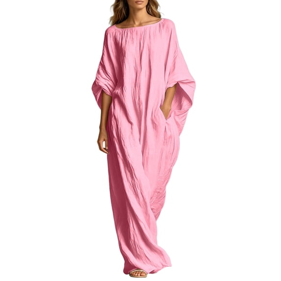 Rggeeun Womens Dress Solid Color Loose Fit Ankle-Length Short Sleeve Crew Neck Soft Breathable Lightweight Fabric For Summer Party Night Comfort Playwear,Pink,M