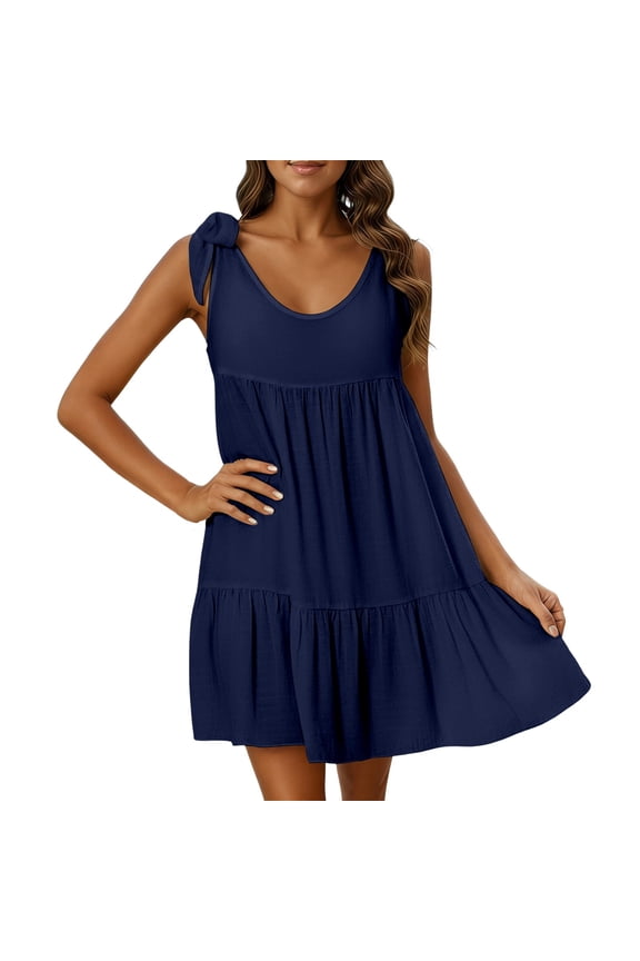 Womens Dress Solid Color Sleeveless Wide Straps Adjustable Square Neck Mini Soft Breathable Fabric Loose Fit Waist Shirring Ruffle For Summer Pool Party Kawaii Playwear,Navy,S