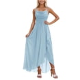thumbnail image 1 of Rggeeun Womens Dresses Solid Color Elegant Ankle-Length Halter Thin Straps Square Neck Sleeveless A-Line Loose Fit Soft With Waist Shirring Ruffle For Summer Beach Lounging Adorable Sundress,Blue,L, 1 of 5