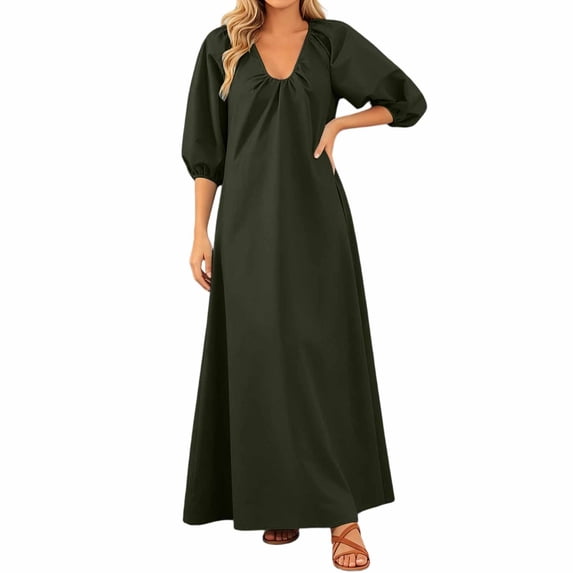Rggeeun Womens Dresses Solid Color Half Sleeve With Pleated V-Neck Waist Draping Ankle-Length Loose Fit Soft Breathable Lightweight For Summer Beach Sundress,Green,Xxxxl