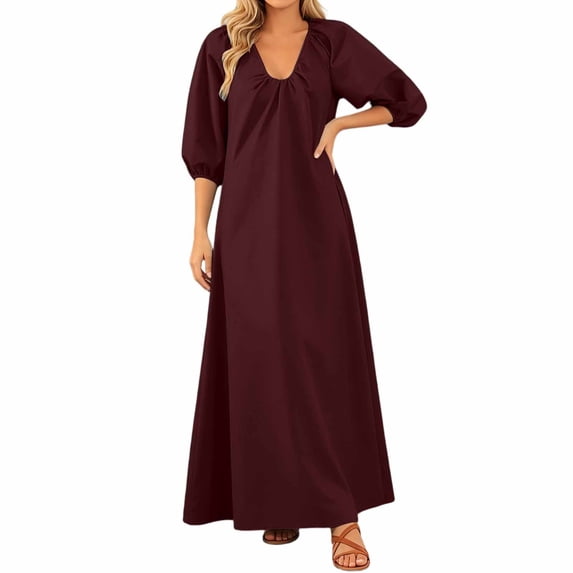 Rggeeun Womens Dresses Solid Color Half Sleeve With Pleated V-Neck Waist Draping Ankle-Length Loose Fit Soft Breathable Lightweight For Summer Celebrity Party Cute Sundress,Brick Red,L