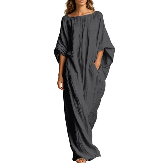 Rggeeun Womens Dresses Solid Color Loose Fit Ankle-Length Short Sleeve Crew Neck Soft Breathable Lightweight Fabric For Summer Beach Sweet Dress,Black,L