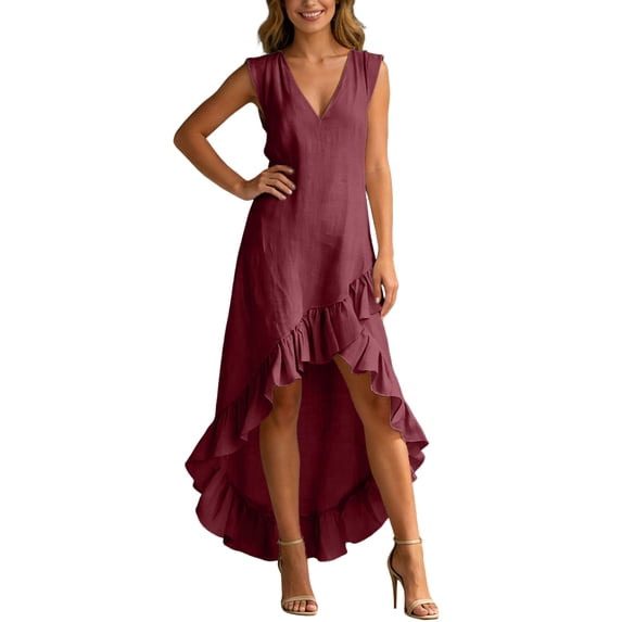 Rggeeun Womens Dresses Solid Color Sleeveless V Neck Knit Soft Lightweight Fabric Loose Fit Knee-Length With Pleated Ruffle Trim For Summer Beach Lounging Sundress,Red,Xl