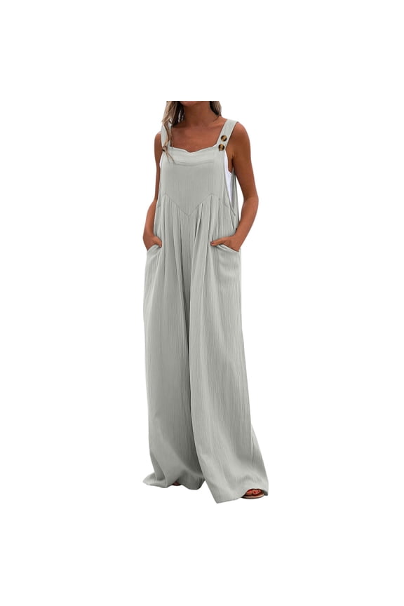 Womens Jumpsuits Solid Color 1Pc Ribbed Loose Fit Adjustable Straps Wide Leg Ankle Length With Side Pockets For Gym Trendy Overalls,Gray,S