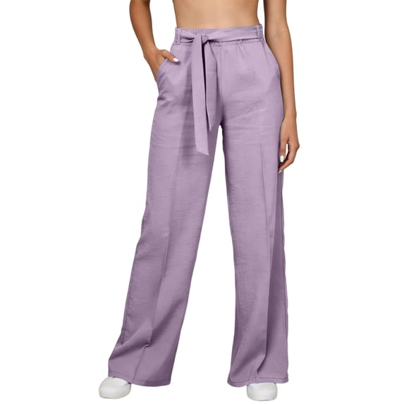 Rggeeun Womens Pants Solid Color Elastic High Waist Wide Leg Ankle Length Soft Relaxed Fit With Adjustable Sashes Belt & Side Pockets For Summer Gym Elegant Bottoms,Purple,Xxxl