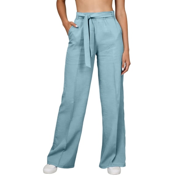 Rggeeun Womens Pants Solid Color Elastic High Waist Wide Leg Ankle Length Soft Relaxed Fit With Adjustable Sashes Belt & Side Pockets For Summer Vacation Beach Classic Bottoms,Light Blue,Xxxl