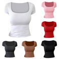 thumbnail image 1 of Rggeeun Womens Shirts Solid Color Slim Fit Short Sleeve Square Neck Knit Soft Lightweight for Summer Daily Wear Delicate Tshirts,White,L, 1 of 4