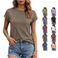 thumbnail image 1 of Rggeeun Womens Shirts Summer Knit Solid Color Smooth Short Sleeve Crew Neck Loose Soft Breathable for Everyday Use Simple Tshirts,Brown,S, 1 of 5