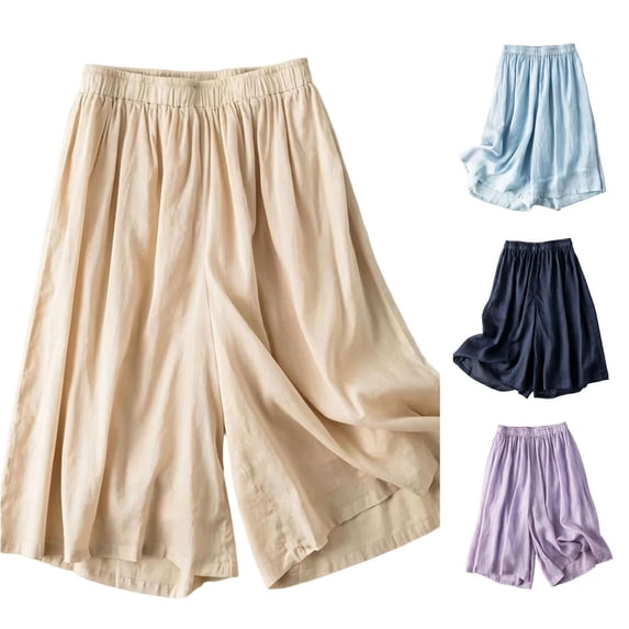 Rggeeun Womens Shorts Flowy Summer Solid Color Draping Wide Leg Soft Breathable with Side Pockets Knee Length for Office Wear Basic Bottoms,Beige,Xxxxl