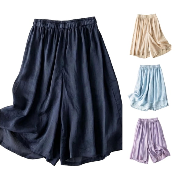 Rggeeun Womens Shorts Flowy Summer Solid Color Draping Wide Leg Soft Breathable with Side Pockets Knee Length for Outdoor Running Elegant Bottoms,Blue,Xxxxxl