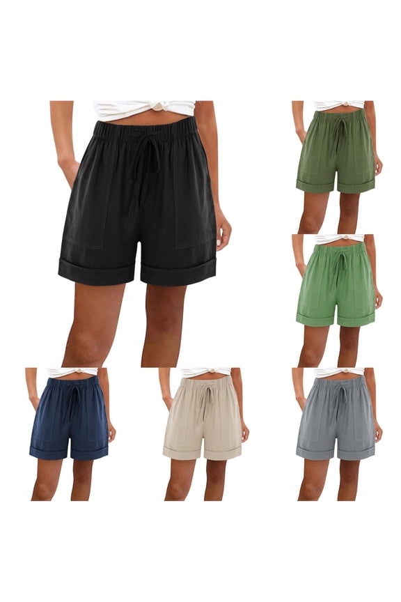 Womens Shorts Solid Color Above Knee with Adjustable Tie & Plus Pockets Loose Fit Breathable for Summer Office Wear Cozy Bottoms,Black,S