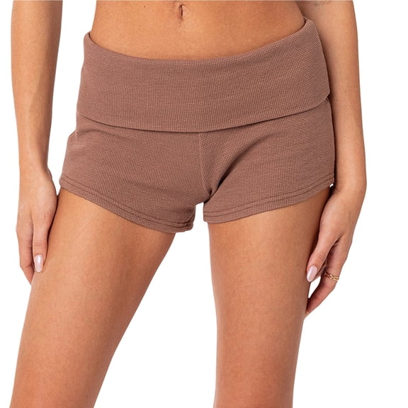 Rggeeun Womens Shorts Solid Color Blend Elastic Waist Above Knee Smooth Soft Lightweight for Summer Evening Party Delicate Bottoms,Brown,L