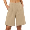 thumbnail image 1 of Rggeeun Womens Shorts Solid Color Elastic High Waist Soft Lightweight Loose Fit Knee-Length Knit Pleated For Summer Water Sports Elegant Hot Pants,Khaki,M, 1 of 5