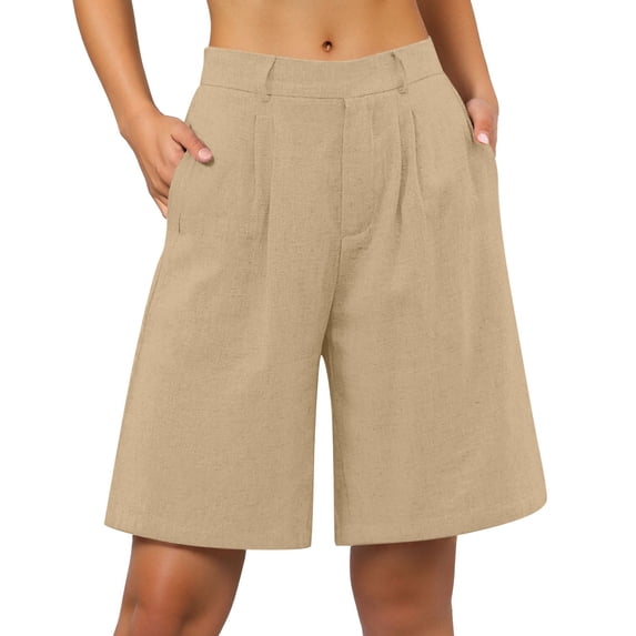 Rggeeun Womens Shorts Solid Color Elastic High Waist Soft Lightweight Loose Fit Knee-Length Knit Pleated For Summer Water Sports Elegant Hot Pants,Khaki,M