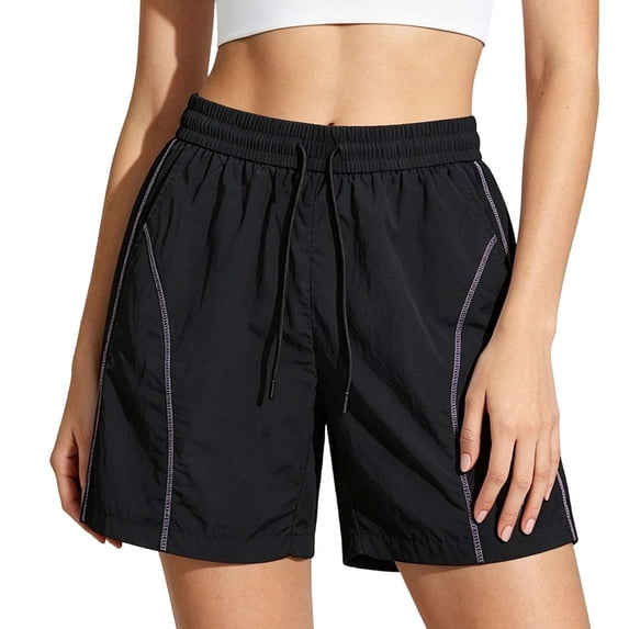 Rggeeun Womens Shorts Solid Color Elastic Waist Front Seam Wide Leg Relaxed Fit Pleated With Adjustable Tie & Side Pockets For Playground Delicate Hot Pants,Black,S