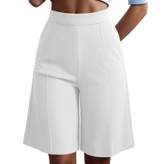 Rggeeun Womens Shorts Solid Color Knee Length Elastic High Waist Wide Leg Loose Fit With Front Seam & Pleated For Office Versatile Bottoms,White,M