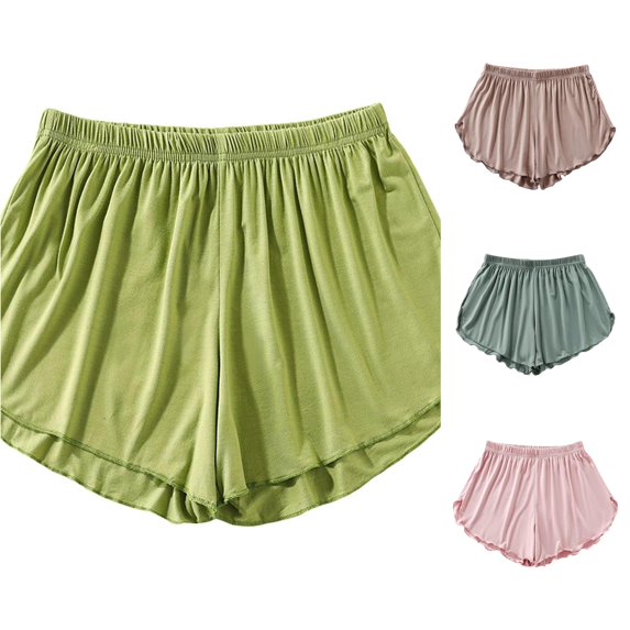 Rggeeun Womens Shorts Summer Waist Draping Elastic Above Knee Relaxed Fit Lightweight Smooth Ruffled Hem for Summer Outdoor Wear Classic Bottoms,Green,L