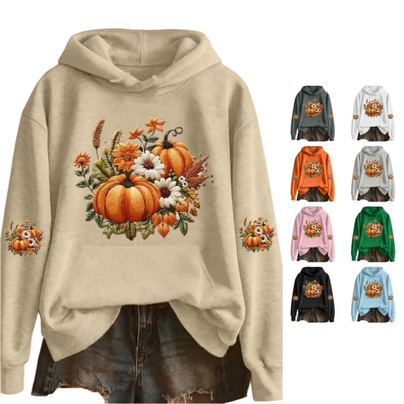 Rggeeun Womens Sweatshirt Hooded Halloween Themed Colorful Floral & Pumpkin Graphics Print Long Sleeve Hooded Large Pocket Relaxed Fall Winter Everyday Use Versatile Tops,Beige,Xl