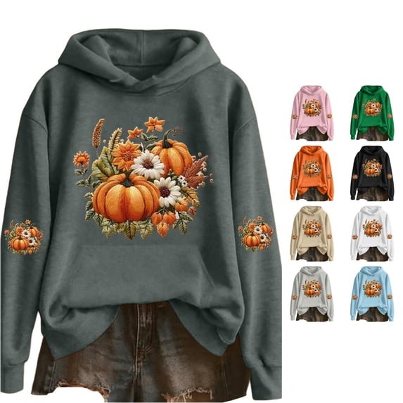 Rggeeun Womens Sweatshirt Hooded Halloween Themed Colorful Floral & Pumpkin Graphics Print Long Sleeve Hooded Large Pocket Relaxed Fall Winter Outdoor Running Classic Tops,Gray,Xxl