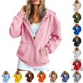 thumbnail image 1 of Rggeeun Womens Sweatshirt Hoodie Solid Color Long Sleeve Snap & Zip Up Hooded Adjustable Drawstring Side Pockets Thickened Fall Winter Evening Party Casual Tops,Pink,L, 1 of 6