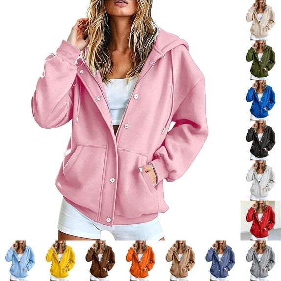 Rggeeun Womens Sweatshirt Hoodie Solid Color Long Sleeve Snap & Zip Up Hooded Adjustable Drawstring Side Pockets Thickened Fall Winter Evening Party Casual Tops,Pink,L