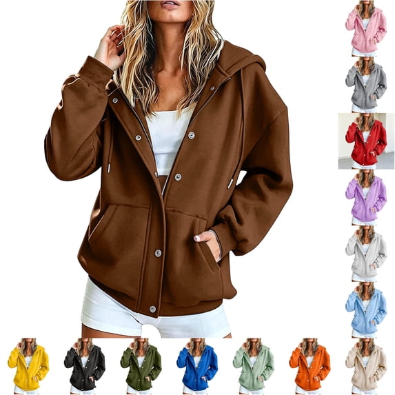Rggeeun Womens Sweatshirt Hoodie Solid Color Long Sleeve Snap & Zip Up Hooded Adjustable Drawstring Side Pockets Thickened Fall Winter Travel Party Versatile Tops,Brown,Xxl