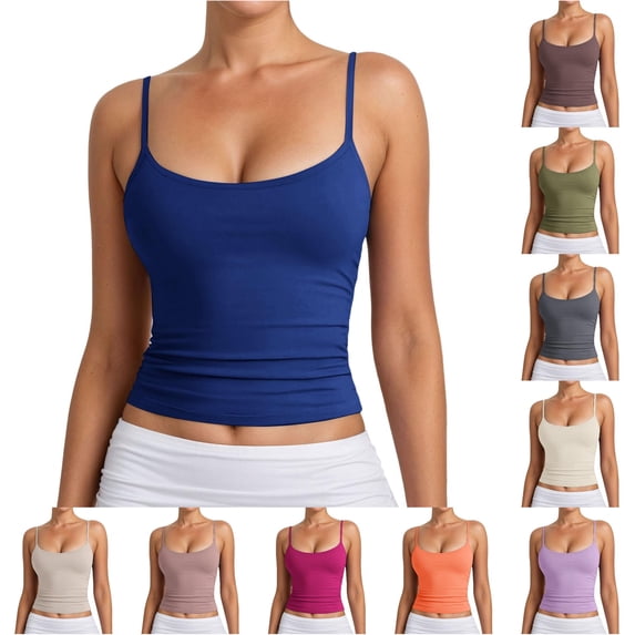 Rggeeun Womens Tank Tops Cropped Camisole Spaghetti Strap Slim Fit Solid Color Square Neck Waist Shirring for Summer Travel Party Fashion Tops,Blue,Xl
