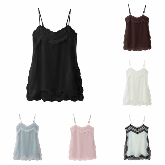 Rggeeun Womens Tank Tops Flowy Camisole Lace with Spaghetti Strap U Neck Relaxed Fit Waist Draping Solid Color for Summer Everyday Wear Relaxed Tops,Black,L