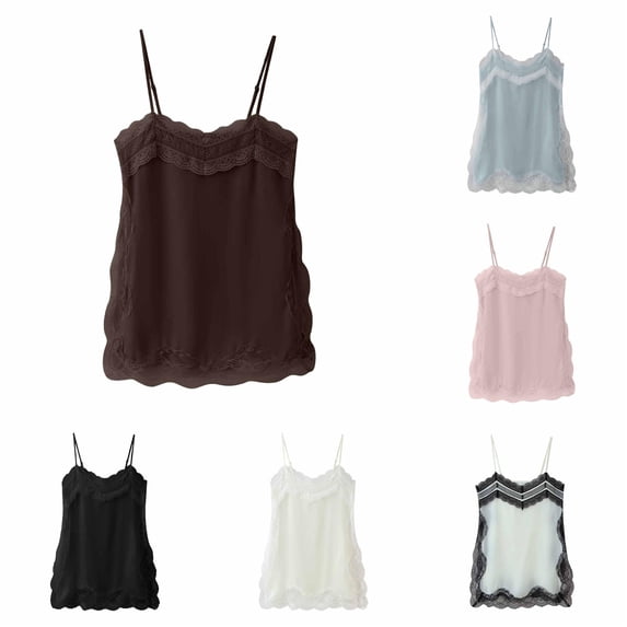 Rggeeun Womens Tank Tops Flowy Camisole Lace with Spaghetti Strap U Neck Relaxed Fit Waist Draping Solid Color for Summer Training Cute Tops,Brown,S