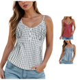 thumbnail image 1 of Rggeeun Womens Tank Tops Flowy Camisole Plaid Pattern V Neck With Spaghetti Strap & Front Buttons Relaxed Fit For Summer Training Cute Tops,White,M, 1 of 9