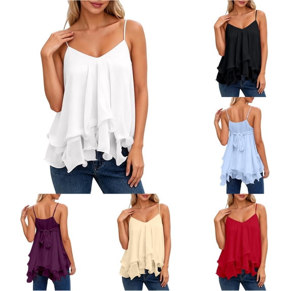 Rggeeun Womens Tank Tops Flowy Camisole Spaghetti Strap V Neck Loose Solid Color With Layered Ruched Ruffle For Summer Everyday Wear Cute Tops,White,Xl