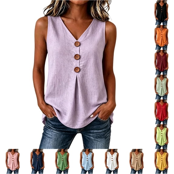 Rggeeun Womens Tank Tops Flowy Vest Solid Color V Neck Wide Strap Front Buttons Elastic Loose Fit Breathable For Summer Yoga Beach Lounging Graceful Tops,Purple,Xxxl