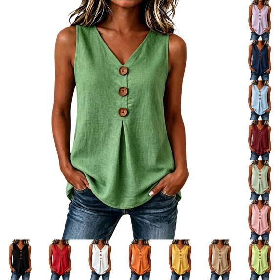 Rggeeun Womens Tank Tops Flowy Vest Solid Color V Neck Wide Strap Front Buttons Elastic Loose Fit Breathable For Summer Yoga Outdoor Activities Fashion Tops,Green,L