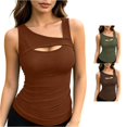 thumbnail image 1 of Rggeeun Womens Tank Tops Ribbed Square Neck Wide Strap Vest Hollow Front Slim Fit Waist Shirring Elastic For Summer Beach Wear Cozy Tops,Brown,Xxl, 1 of 6