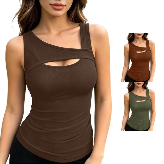 Rggeeun Womens Tank Tops Ribbed Square Neck Wide Strap Vest Hollow Front Slim Fit Waist Shirring Elastic For Summer Travel Party Fashion Tops,Brown,Xl