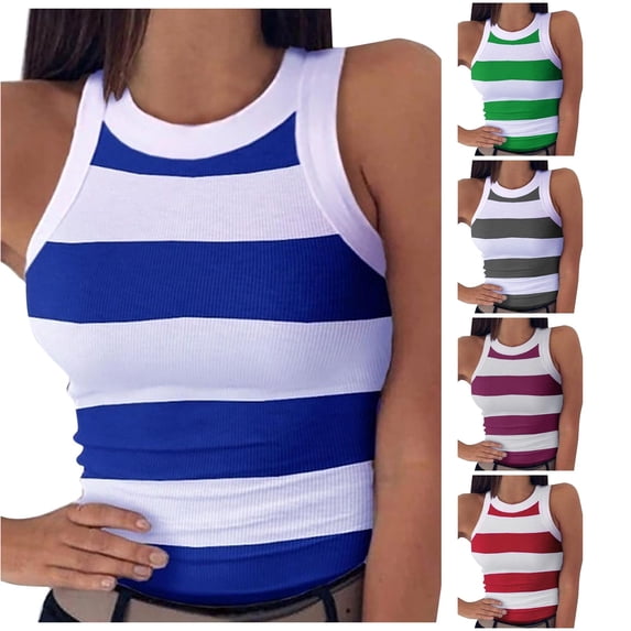 Rggeeun Womens Tank Tops Ribbed Vest Colorful Striped Pattern Elastic Slim Fit Crew Neck Soft Lightweight For Summer Yoga Everyday Wear Relaxed Tops,Blue,Xl