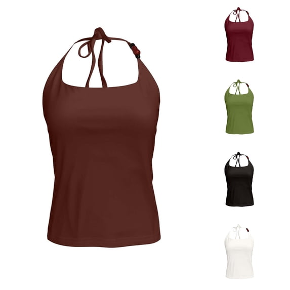 Rggeeun Womens Tank Tops Solid Color Camisole Elastic with Adjustable Tie & Beads Thin Straps Bowknot Halter Top for Summer Outdoor Wear Cozy Tops,Brown,S