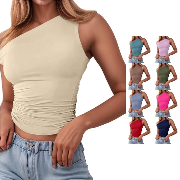 Rggeeun Womens Tank Tops Solid Color One Shoulder Slim Fit Waist Shirring Vest Lightweight for Summer Travel Party Fashion Tops,Beige,Xl