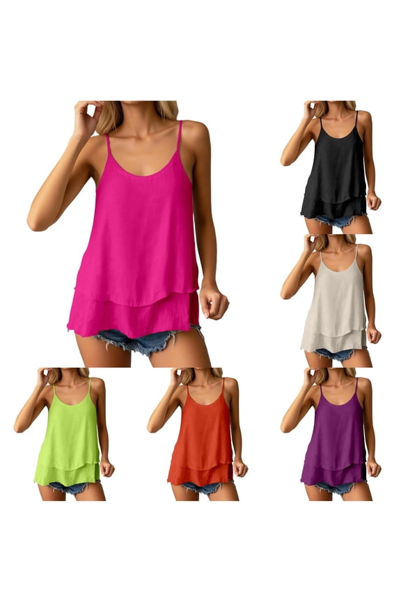 Womens Tank Tops Solid Color U Neck Spaghetti Strap Layered Ruffle Long Camisole Soft Breathable for Summer Training Classic Tops,Red,M