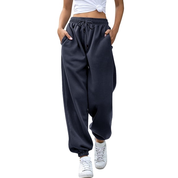 Rggeeun Womens Trousers Solid Color Ankle Length With Side Pockets Pleated Loose Fit Elastic Waist Adjustable Tie Knit Tapered For Summer Office Bottoms,Navy,Xl